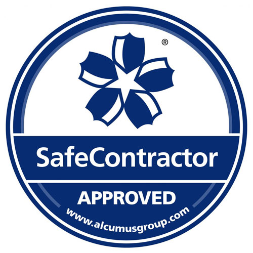 SafeContractor approved logo with a blue flower design representing certification for safety and compliance in contracting services to ensure quality and reliability for businesses 2 contractors 2 approved