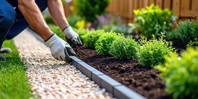 scenic park pathway lined with flowering bushes and shaped hedges under bright blue sky enjoying nature in urban setting with four elements of beauty