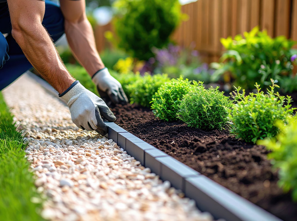 man working on garden landscaping with plants and gravel pathway creating a neat border in garden 3 simple landscaping ideas